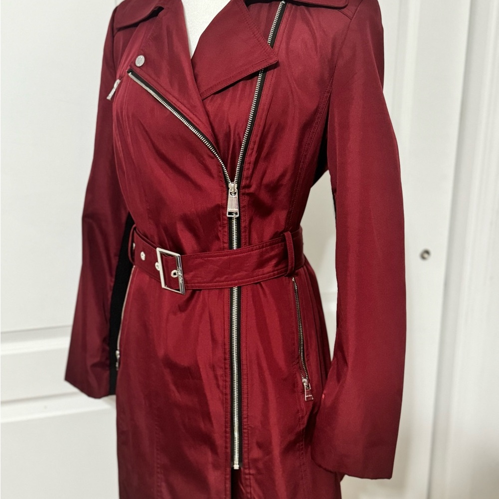 Calvin Klein Cherry Red Trench Coat with Belted Waist - Picture 3 of 10